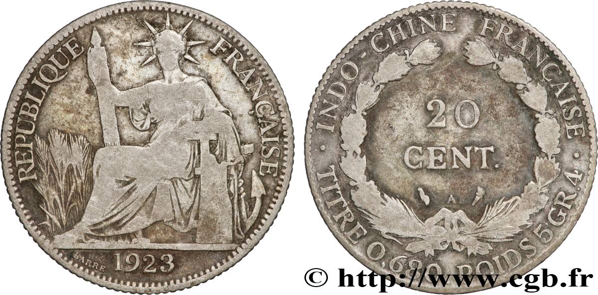 INDOCHINE FRANÇAISE 20 Centièmes 1923 Paris TB 