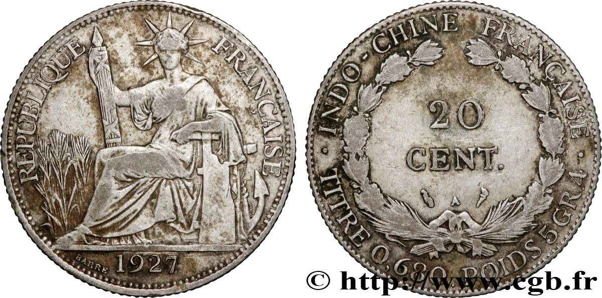 INDOCINA FRANCESE 20 Centièmes 1927 Paris q.BB 