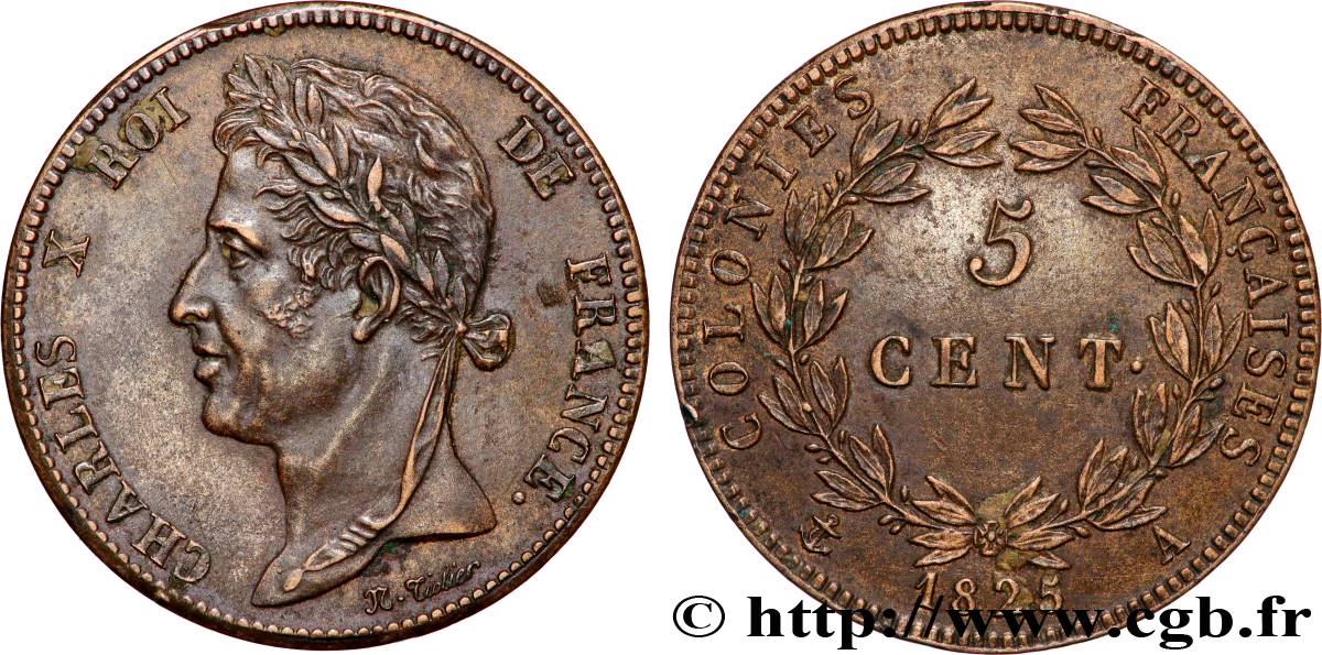 COLONIES FRANÇAISES - Charles X, pour la Guyane et le Sénégal 5 Centimes Charles X 1825 Paris - A TTB+ 