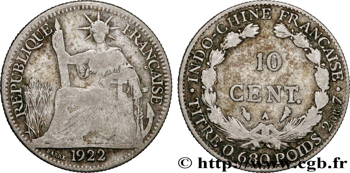 INDOCINA FRANCESE 10 Centièmes 1922 Paris MB 