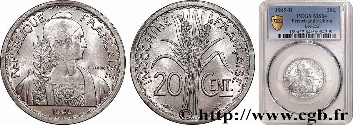 FRENCH INDOCHINA 20 Centièmes 1945 Beaumont-le-Roger MS64 PCGS