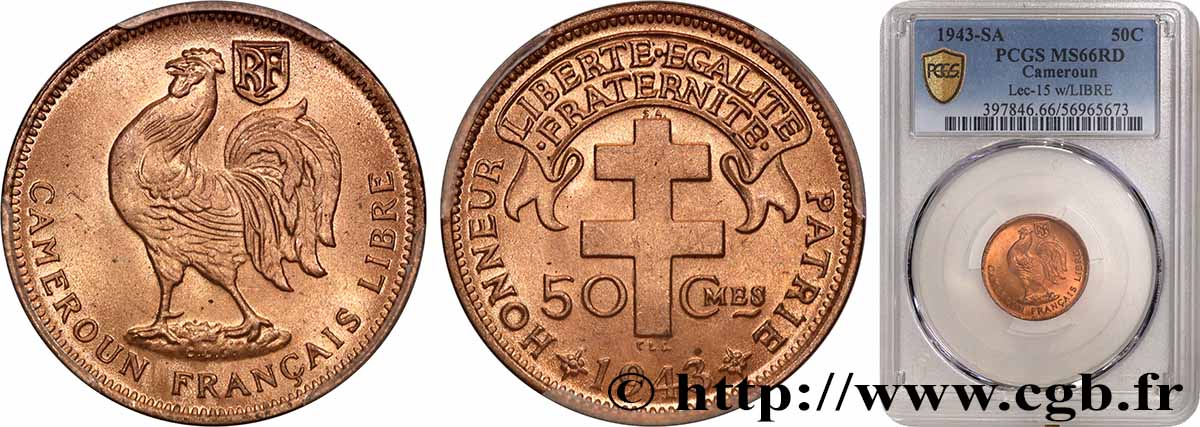 CAMERUN - Mandato Francese 50 Centimes ‘Cameroun Français Libre’ 1943 Prétoria FDC66 PCGS