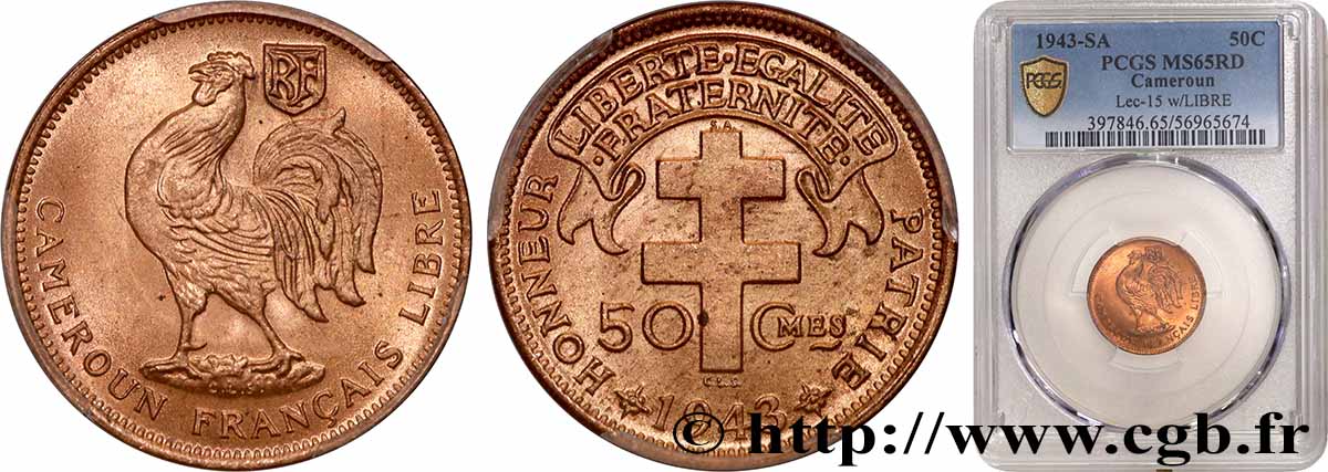CAMERUN - Mandato Francese 50 Centimes ‘Cameroun Français Libre’ 1943 Prétoria FDC65 PCGS