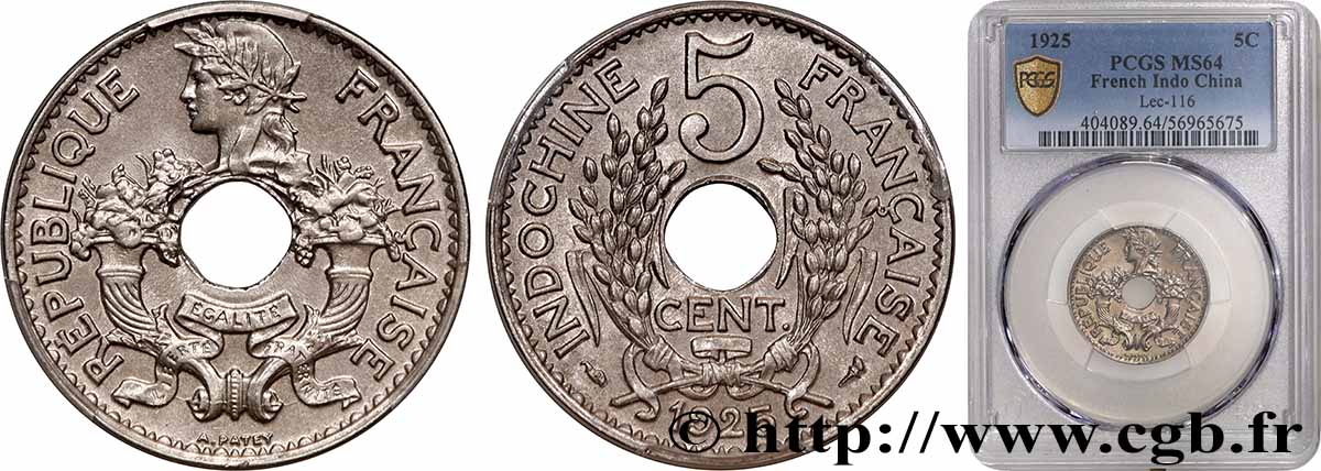FRENCH INDOCHINA 5 Centièmes 1925 Paris MS64 PCGS