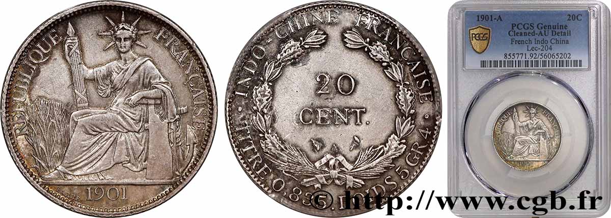 FRENCH INDOCHINA 20 Centièmes 1901 Paris AU PCGS