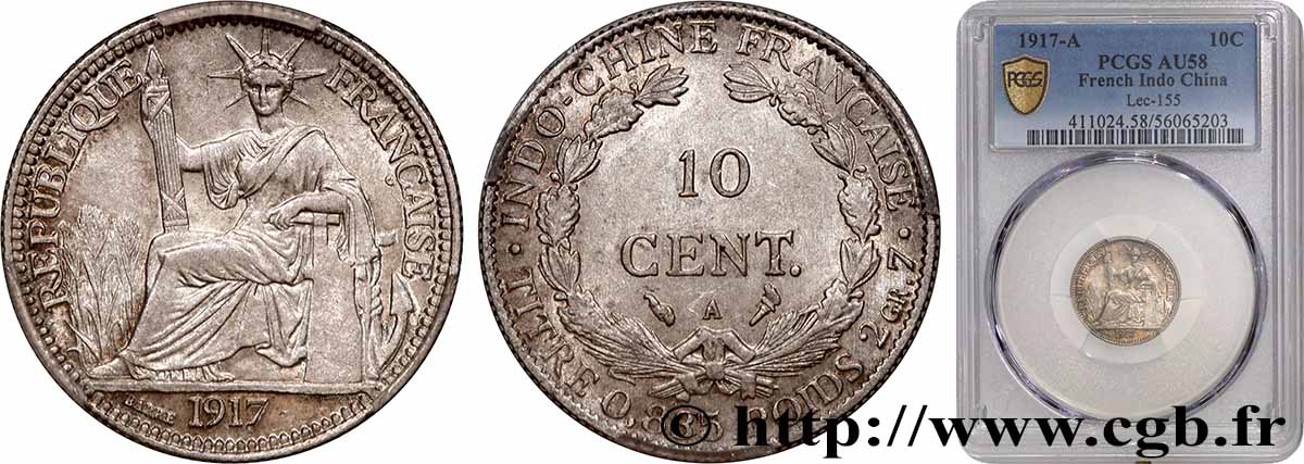 FRENCH INDOCHINA 10 Centièmes 1917 Paris AU58 PCGS