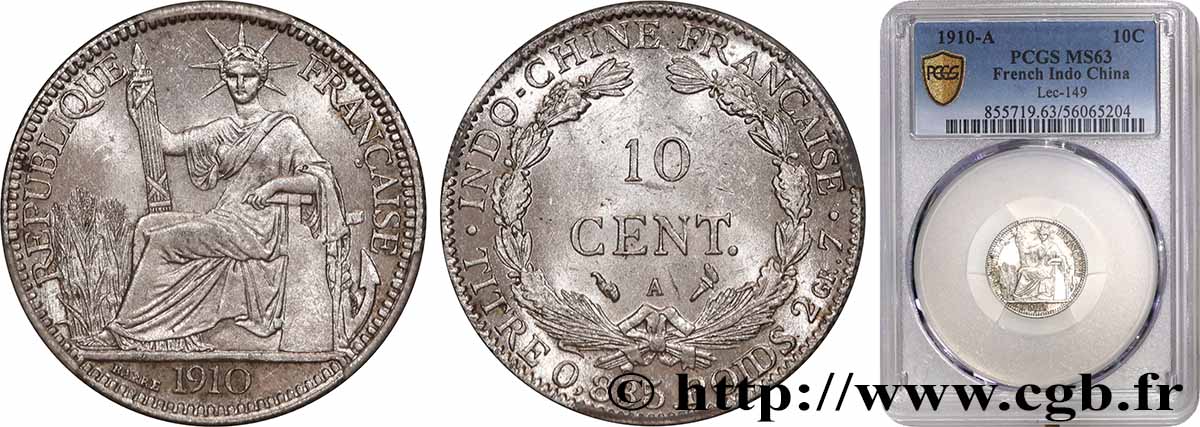 FRENCH INDOCHINA 10 Centièmes 1910 Paris MS63 PCGS