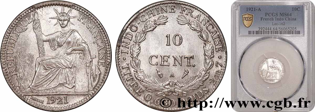 FRENCH INDOCHINA 10 Centièmes 1921 Paris MS64 PCGS