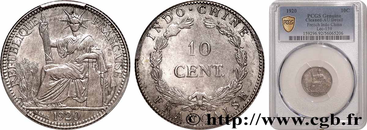 FRENCH INDOCHINA 10 Centièmes 1920 San Francisco AU PCGS