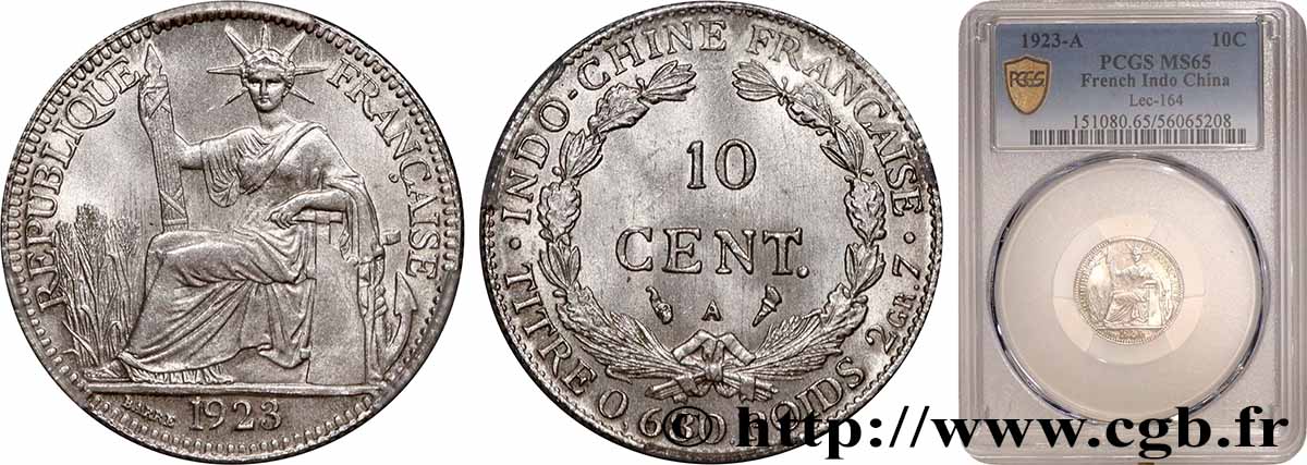 FRENCH INDOCHINA 10 Centièmes 1923 Paris MS65 PCGS