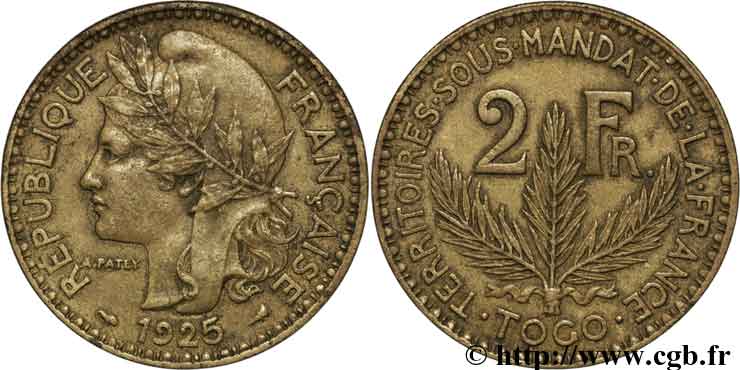 TOGO - FRANZÖSISCHE MANDAT 2 Francs 1925 Paris fVZ 