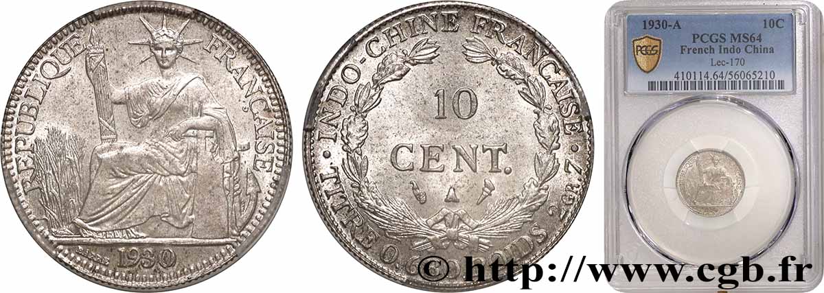 FRENCH INDOCHINA 10 Centièmes 1930 Paris MS64 PCGS