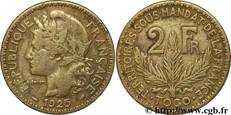 TOGO - Territorios sobre mandato frances 2 Francs 1925 Paris BC 