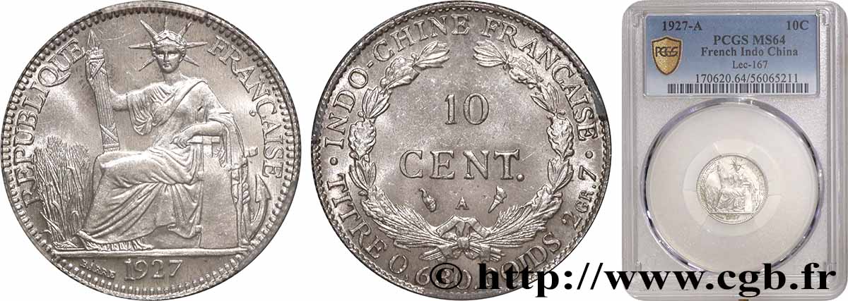 FRENCH INDOCHINA 10 Centièmes 1927 Paris MS64 PCGS