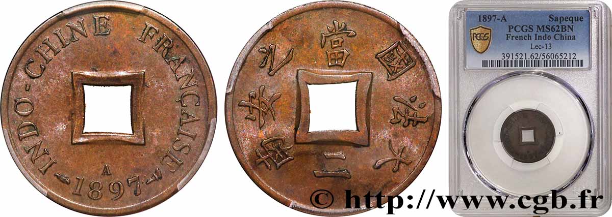 INDOCHINE FRANÇAISE 1 Sapèque (1/500 de Piastre) 1897 Paris SUP62 PCGS