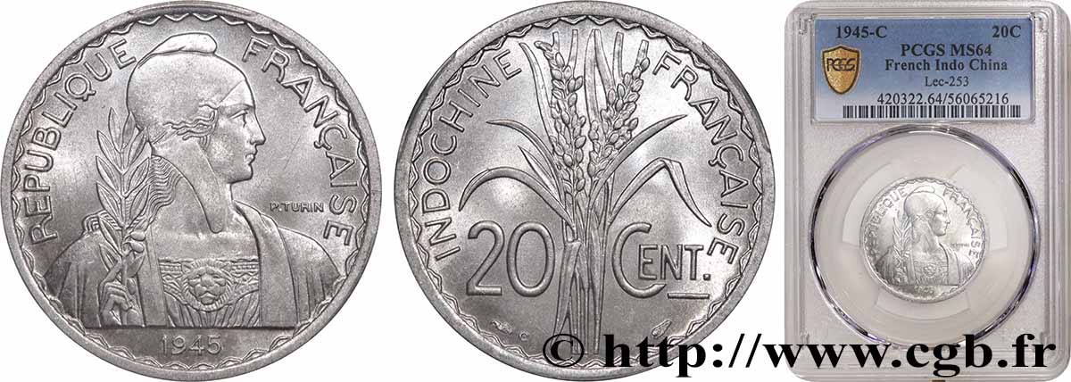 FRENCH INDOCHINA 20 Centièmes 1945 Castelsarrasin MS64 PCGS