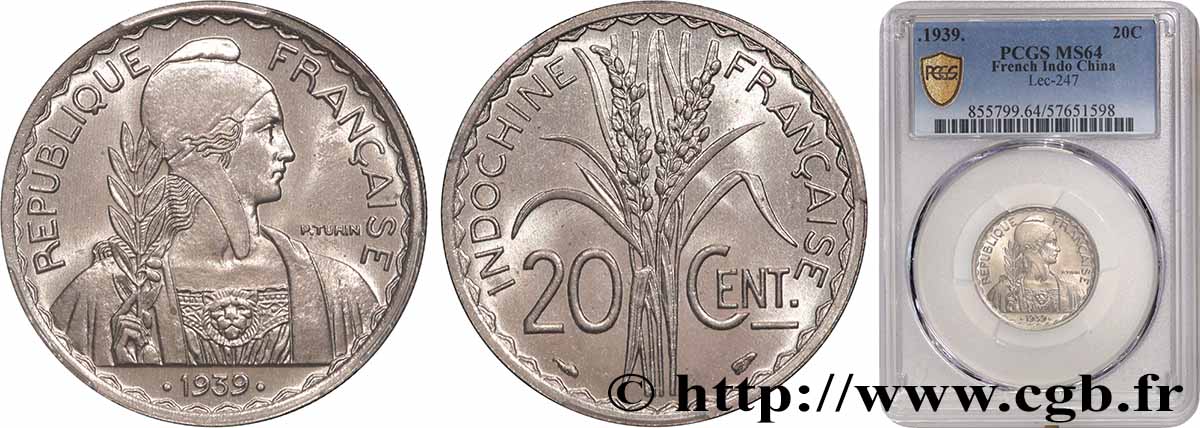 FRENCH INDOCHINA 20 Centièmes 1939 Paris MS64 PCGS