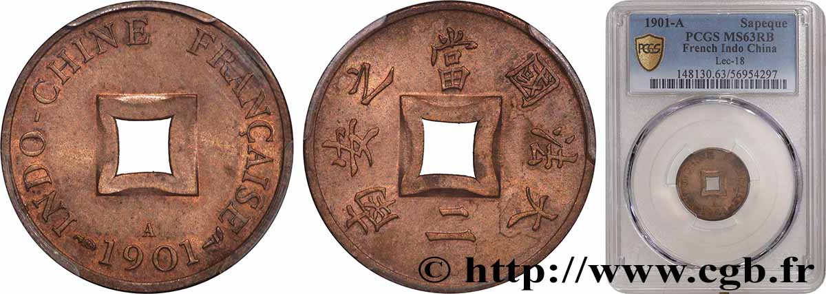 FRENCH INDOCHINA 1 Sapèque (1/500 de Piastre) 1901  MS63 PCGS