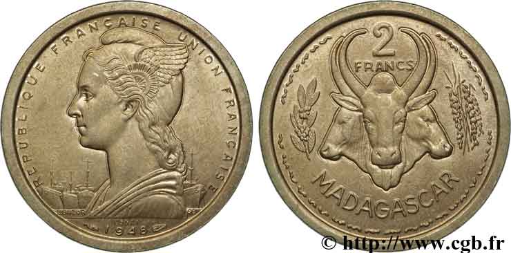 MADAGASCAR French Union 2 Francs ESSAI 1948 Paris MS 