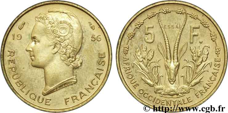 FRANZÖSISCHE WESTAFRIKA 5 Francs ESSAI 1956 Paris fST 