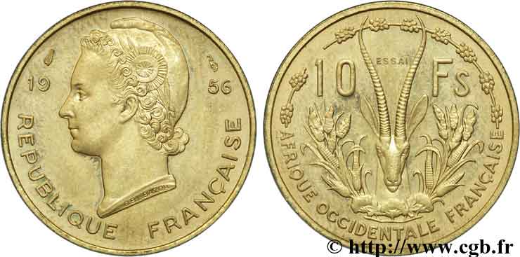 FRANZÖSISCHE WESTAFRIKA 10 francs ESSAI 1956 Paris fST 