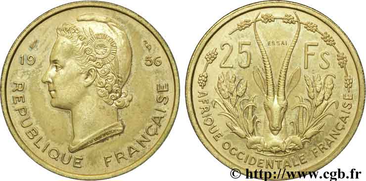 FRANZÖSISCHE WESTAFRIKA 25 francs ESSAI 1956 Paris fST 
