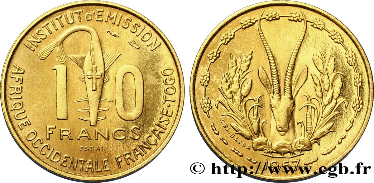 FRANZÖSISCHE WESTAFRIKA - TOGO Essai de 10 Francs 1957 Paris fST 