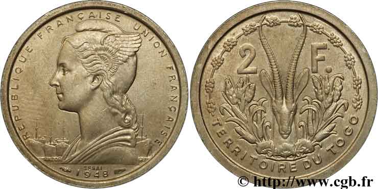 TOGO - UNION FRANCESE 2 Francs ESSAI 1948 Paris MS 