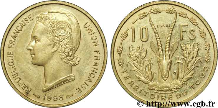TOGO - UNION FRANCESE 10 francs ESSAI 1957 Paris MS 