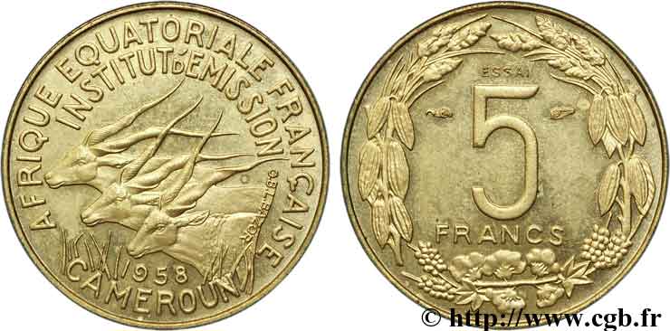 AFRICA ECUATORIAL FRANCESA - CAMERUN 5 francs ESSAI 1958 Paris MBC 