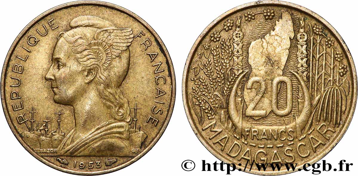 MADAGASCAR French Union 20 Francs 1953 Paris XF 