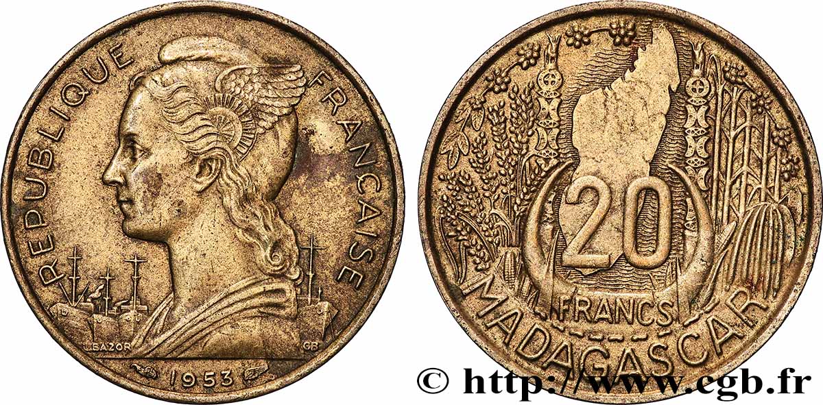 MADAGASCAR French Union 20 Francs 1953 Paris XF 