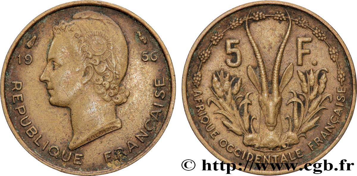 AFRICA OCCIDENTALE FRANCESA  5 Francs 1956 Paris BB 