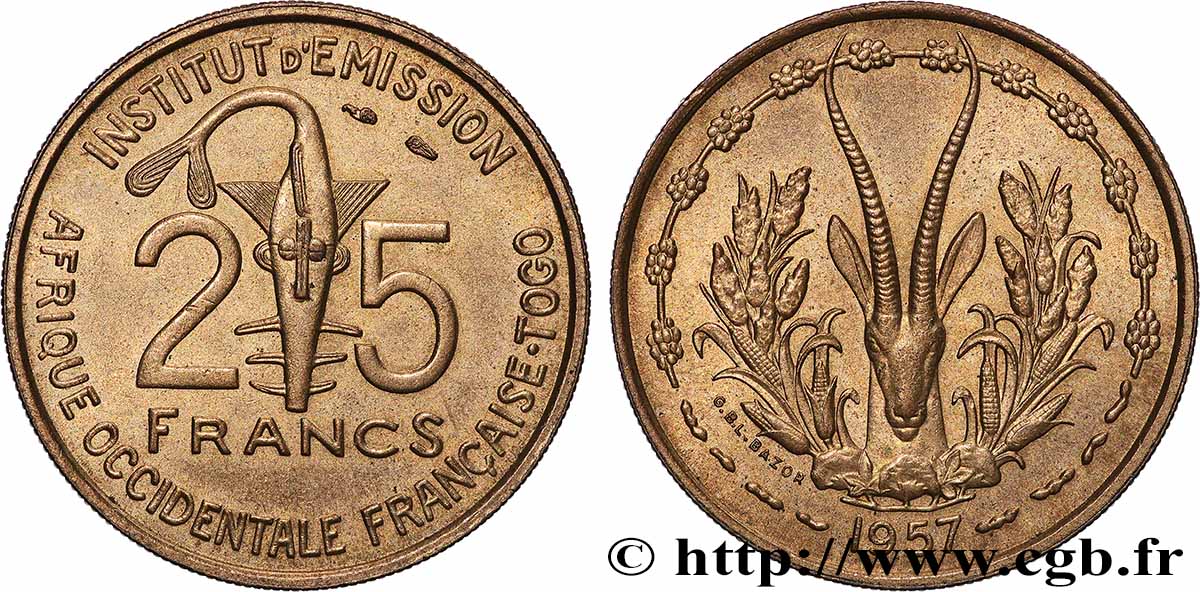 FRANZÖSISCHE WESTAFRIKA - TOGO 25 Francs 1957 Paris VZ 