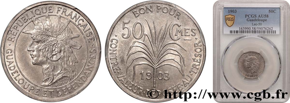 GUADELOUPE Bon pour 50 Centimes 1903  SUP58 PCGS