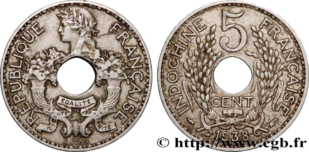 INDOCHINE FRANÇAISE 5 Centièmes 1938 Paris TTB+ 