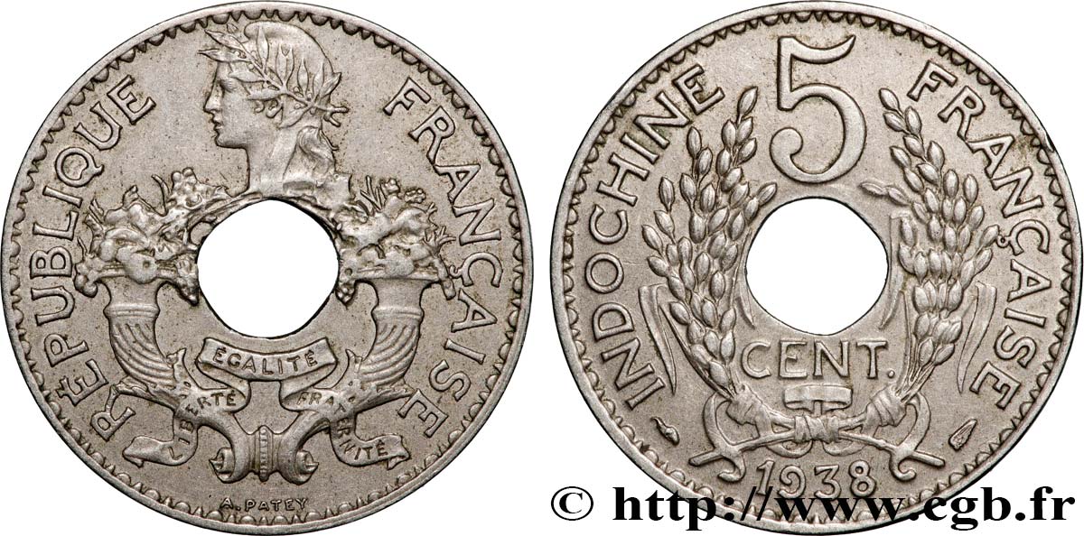 INDOCHINE FRANÇAISE 5 Centièmes 1938 Paris TTB+ 