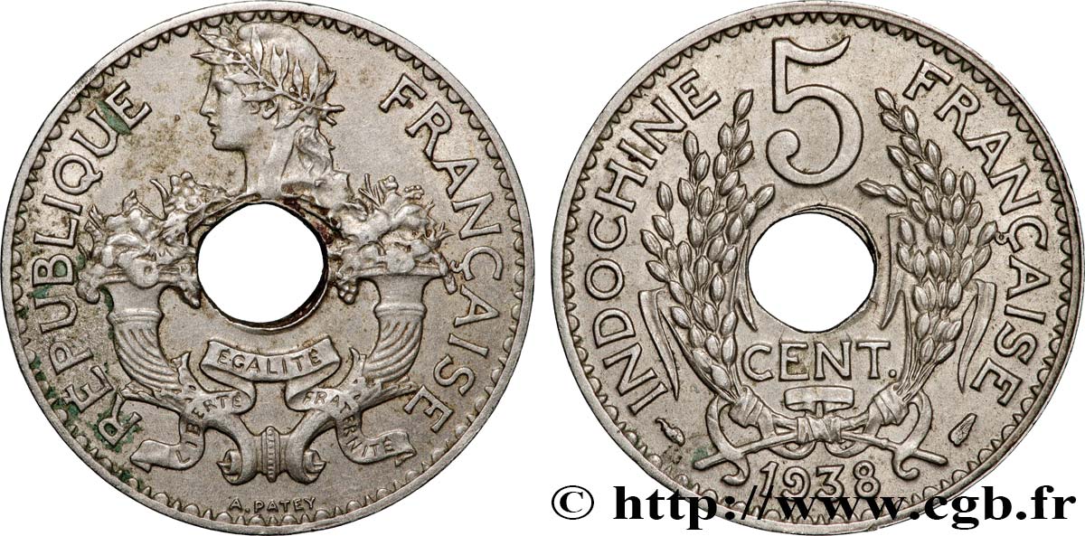 INDOCHINE FRANÇAISE 5 Centièmes 1938 Paris TTB+ 
