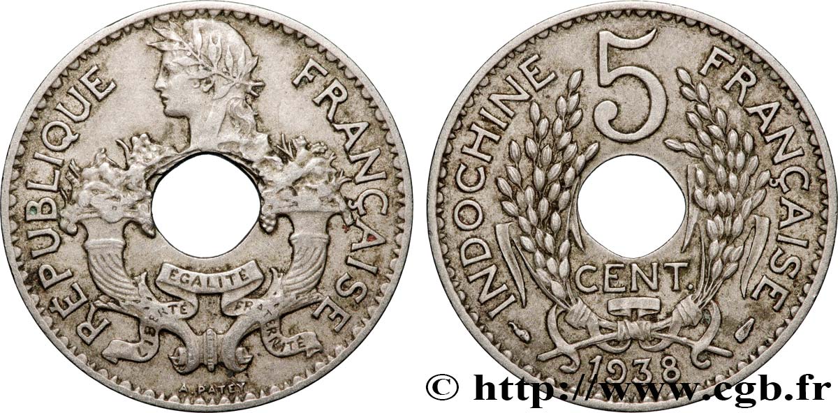 INDOCHINE FRANÇAISE 5 Centièmes 1938 Paris TTB+ 
