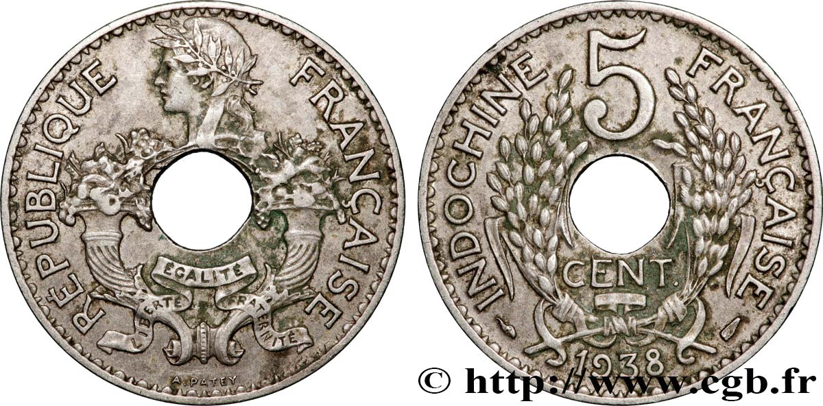 INDOCHINE FRANÇAISE 5 Centièmes 1938 Paris TTB+ 