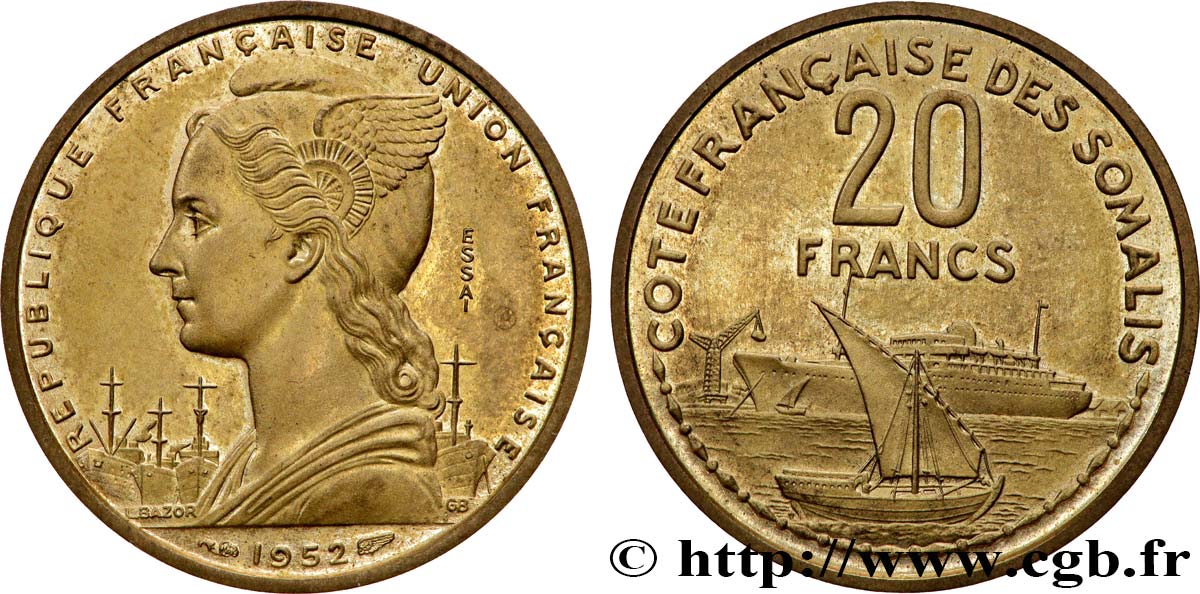 FRENCH SOMALILAND Essai Piefort de 20 Francs 1952 Paris MS 