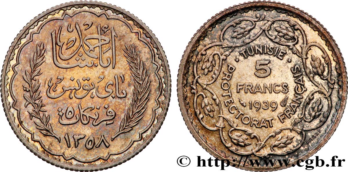 TUNISIE - PROTECTORAT FRANÇAIS Essai 5 Francs argent au nom de Ahmed Bey AH 1358 1939 Paris SPL 