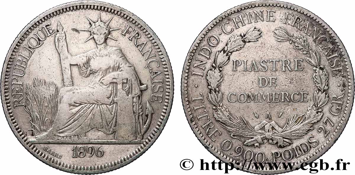 FRENCH INDOCHINA 1 Piastre de Commerce 1896 Paris VF 