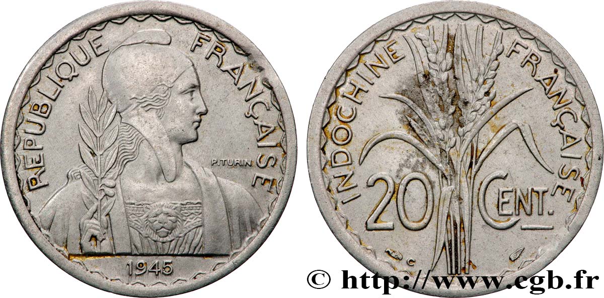 INDOCINA FRANCESE 20 Centièmes 1945 Castelsarrasin q.SPL 