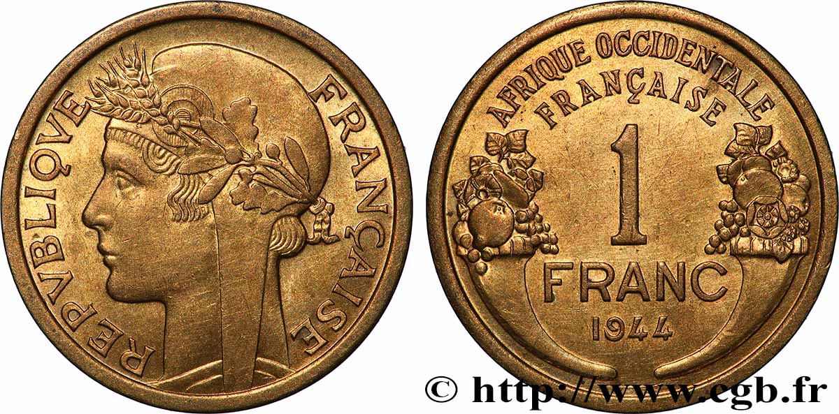 FRANZÖSISCHE WESTAFRIKA 1 Franc Morlon 1944 Londres VZ 
