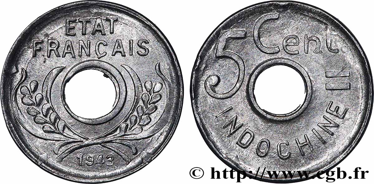 INDOCINA FRANCESE 5 Centièmes 1943 Hanoï MS 