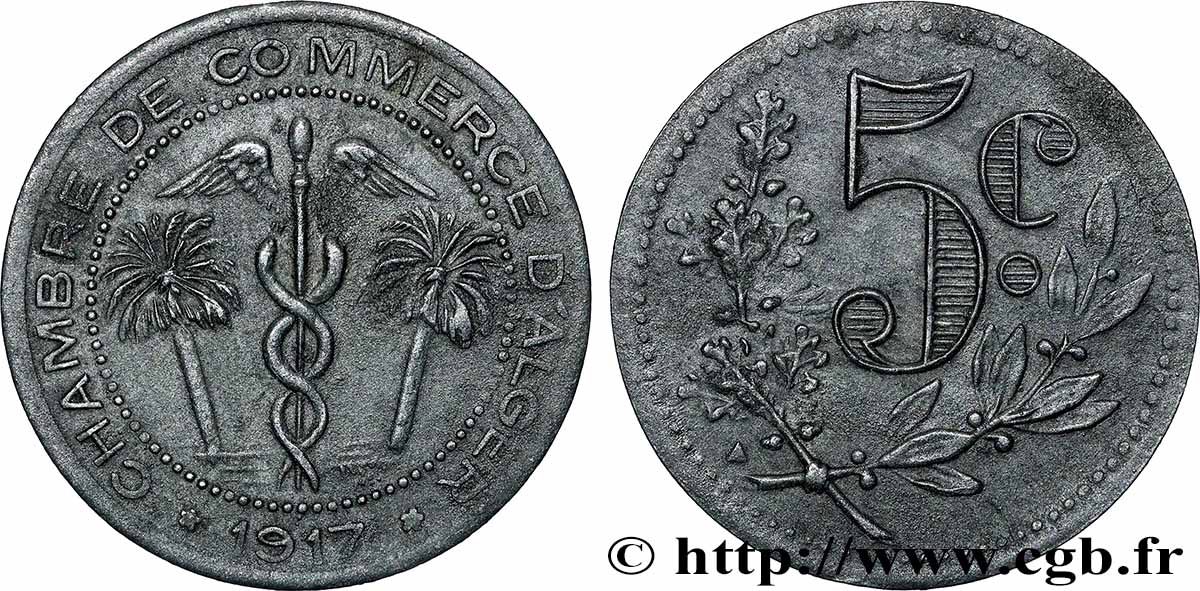 ALGERIA 5 Centimes Chambre de commerce d’Alger 1917 Alger AU 