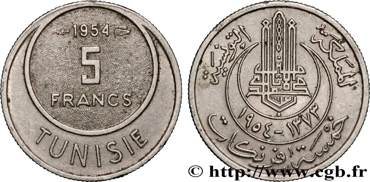 TUNISIE - PROTECTORAT FRANÇAIS 5 Francs AH1373 1954 Paris TTB+ 