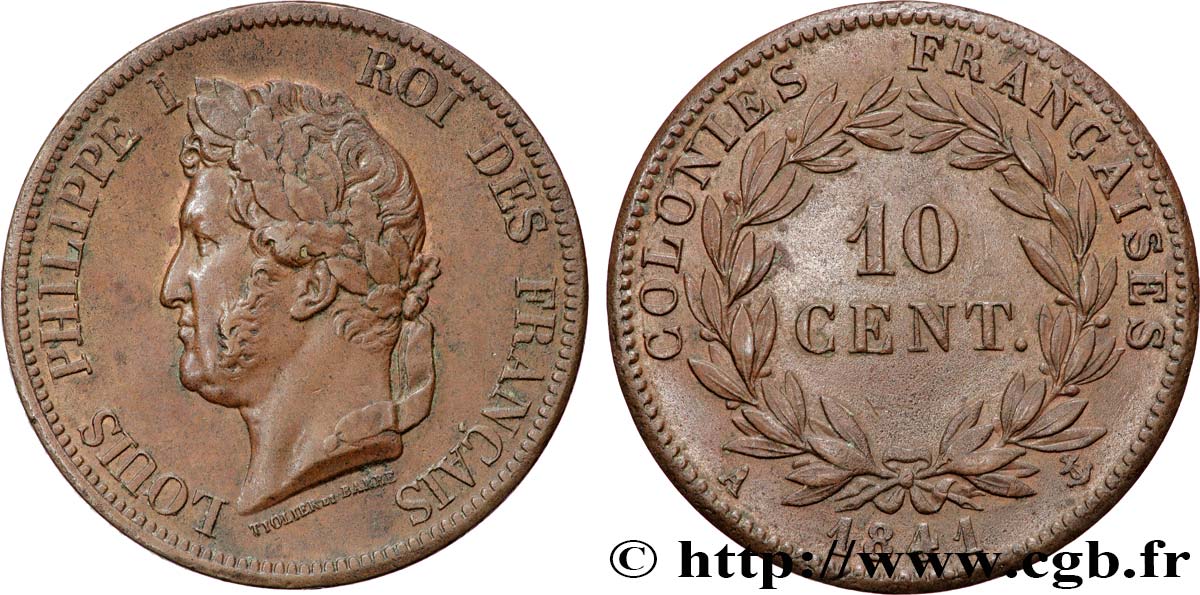 COLONIE FRANCESI - Luigi Filippo, per Guadalupa 10 Centimes 1841 Paris q.SPL 