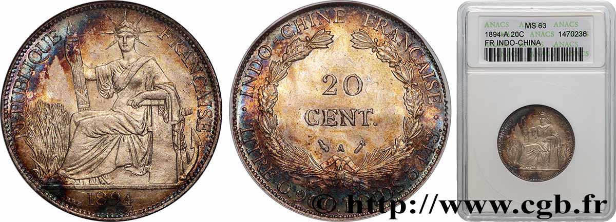 FRENCH INDOCHINA 20 Centièmes 1894 Paris MS63 ANACS